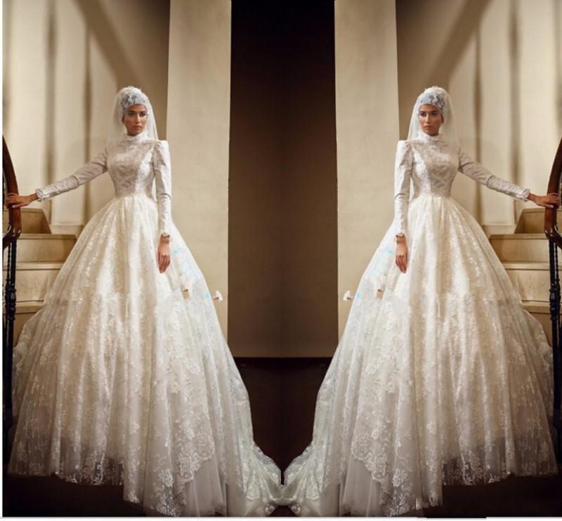 زفاف - 2016 Retro Lace Muslim Wedding Dresses Long Sleeves High Neck Arabic Winter Fall Vintage A Line Bridal Dresses Ball Gown Online with $133.51/Piece on Hjklp88's Store 