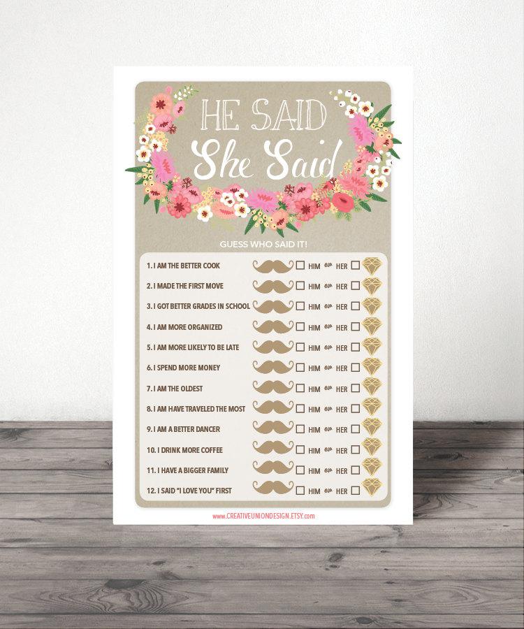 Wedding - He Said She Said Game - Wedding Shower - Bride and Groom Game - Wedding Shower - Floral - Print at Home - Instant Download
