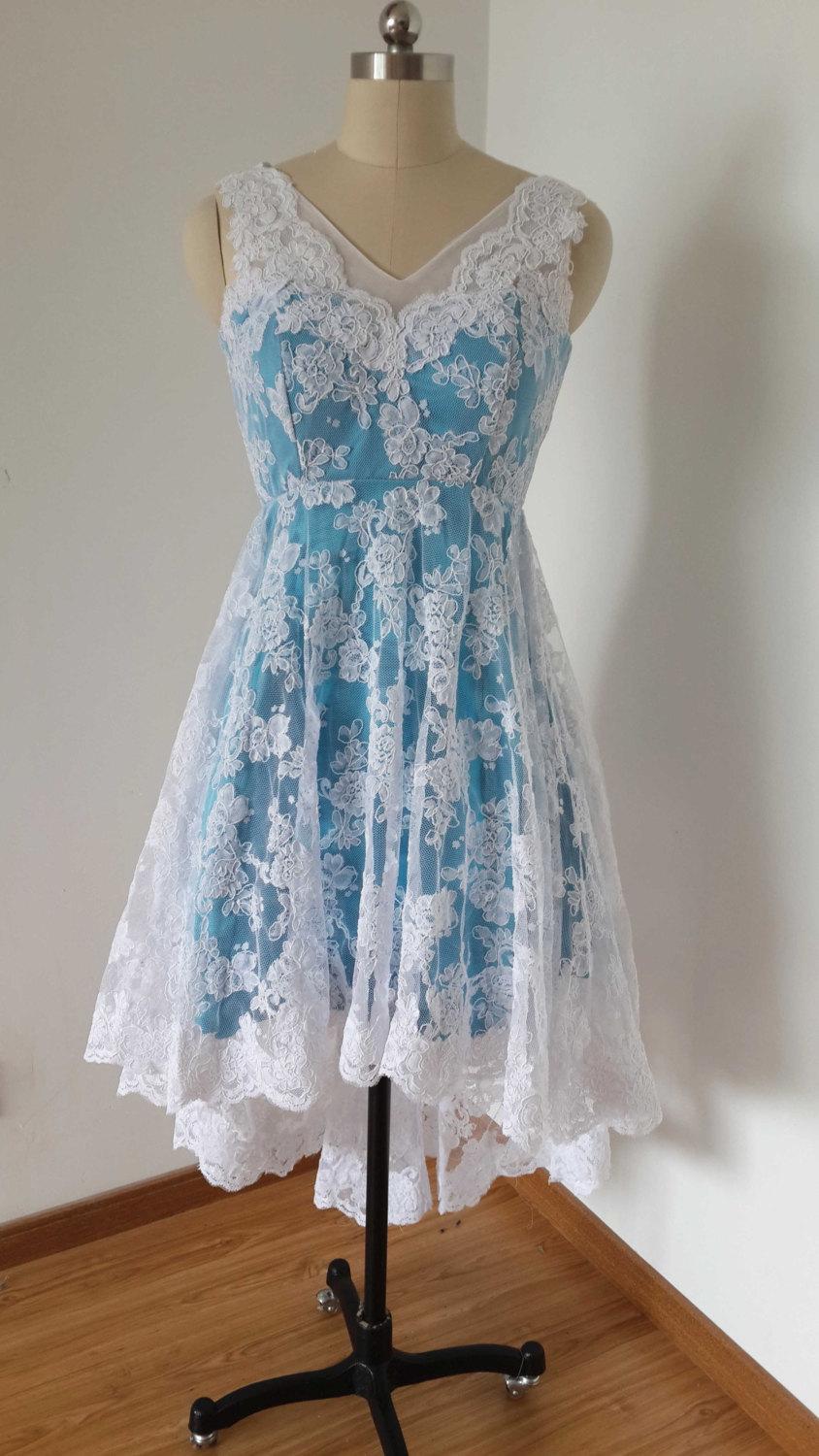 Hochzeit - 2015 V-neck V-back White Lace Teal Blue Lining Short Front Long Back Bridesmaid Dress