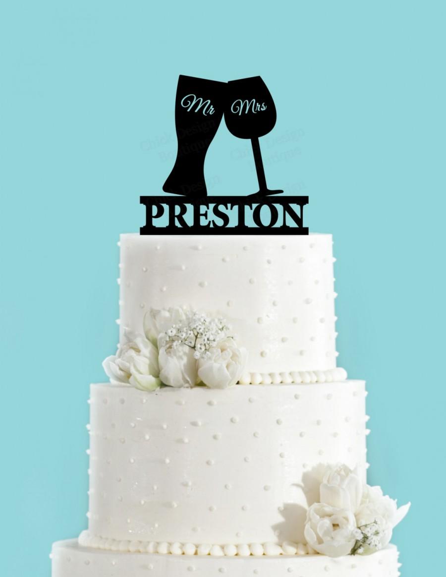 Hochzeit - Beer and Wine Glass Toasting Personalized Acrylic Wedding Cake Topper