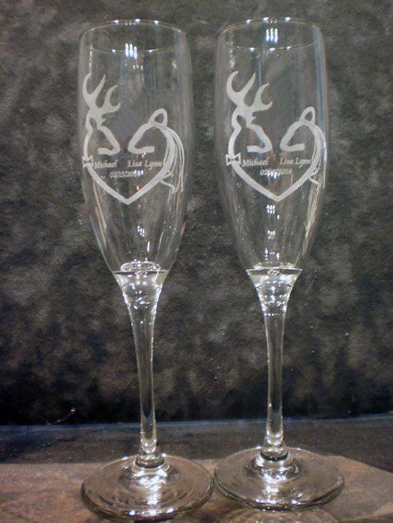 Hochzeit - Buck and Doe Toasting Wedding Glass Flutes (Set of 2) - Engraved & personalized