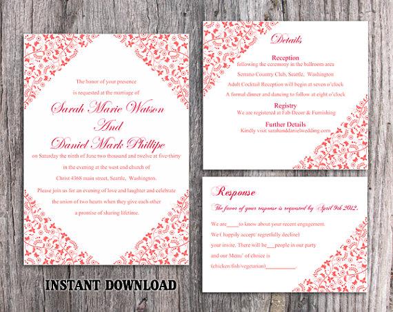 Mariage - DIY Wedding Invitation Template Set Editable Word File Instant Download Elegant Printable Invitation Red Invitation Floral Invitation