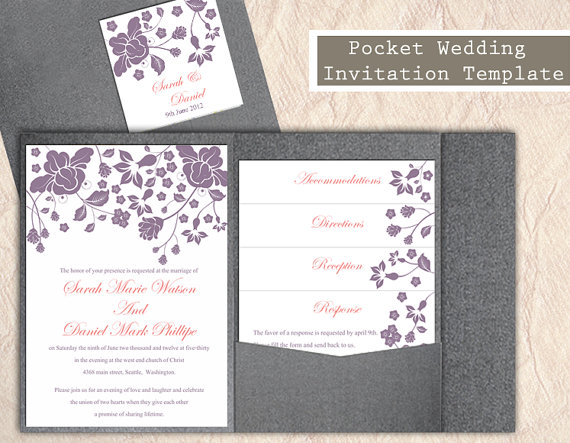 Mariage - Pocket Wedding Invitation Template Set DIY EDITABLE Word File Download Floral Invitation Eggplant Wedding Invitations Printable Invitation
