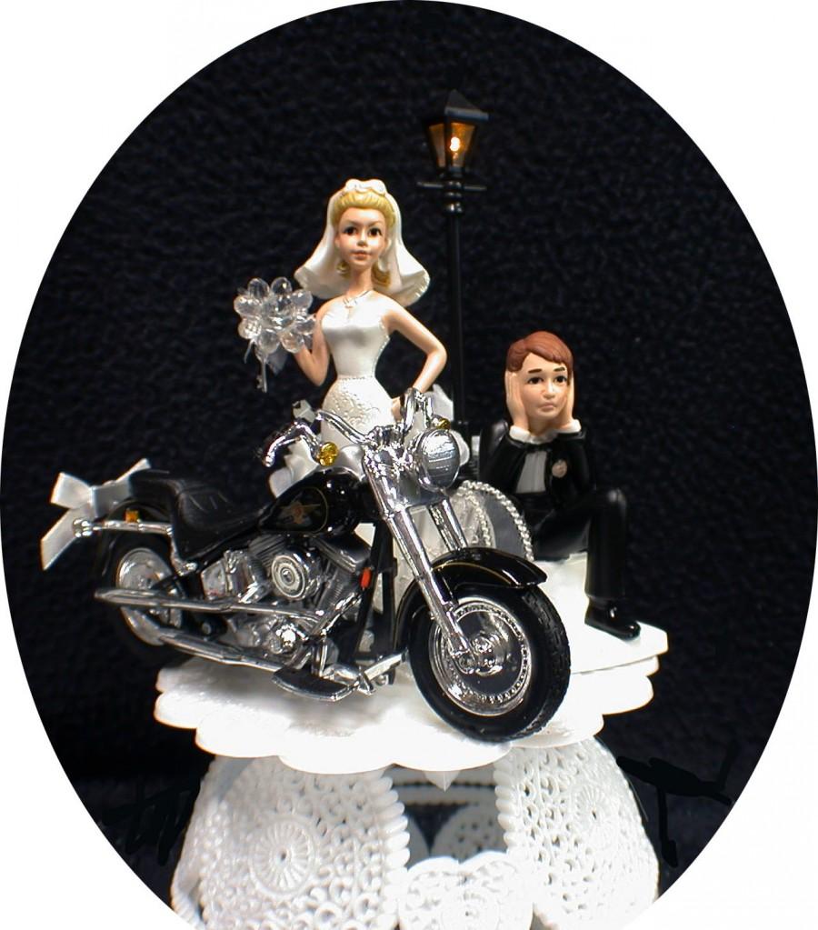 Hochzeit - Wedding Cake Topper w/ die cast Harley Davidson Motorcycle SEXY U PICK COLOR W/Light