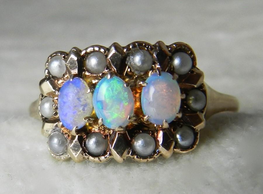 Mariage - Opal Engagement Ring 1800s Victorian Opal Seed Pearl Ring 14K Opal Ring Three Stone Ring Past Present  Future October Birthday