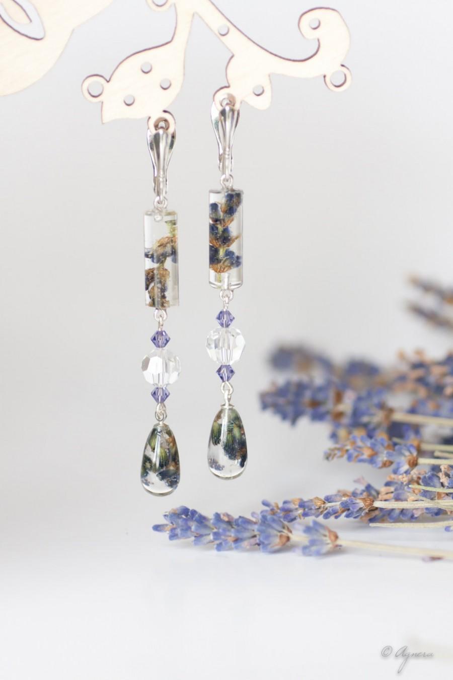 Hochzeit - Provence Lavender bridal earrings - Lavender earrings - Lavender inspired weddings - Dangle bridal lavender earrings - Real lavender earring