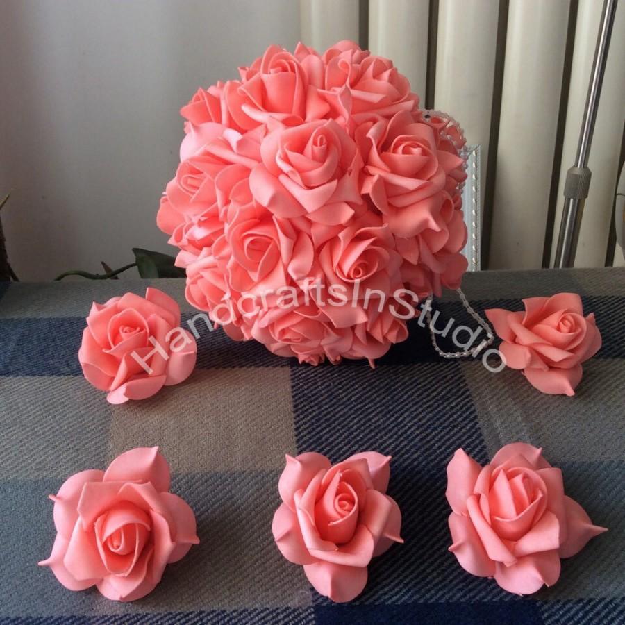 Hochzeit - 100pcs Coral Wedding Flowers Foam Rose Heads For Kissing Balls Pomander Corsage Flowers