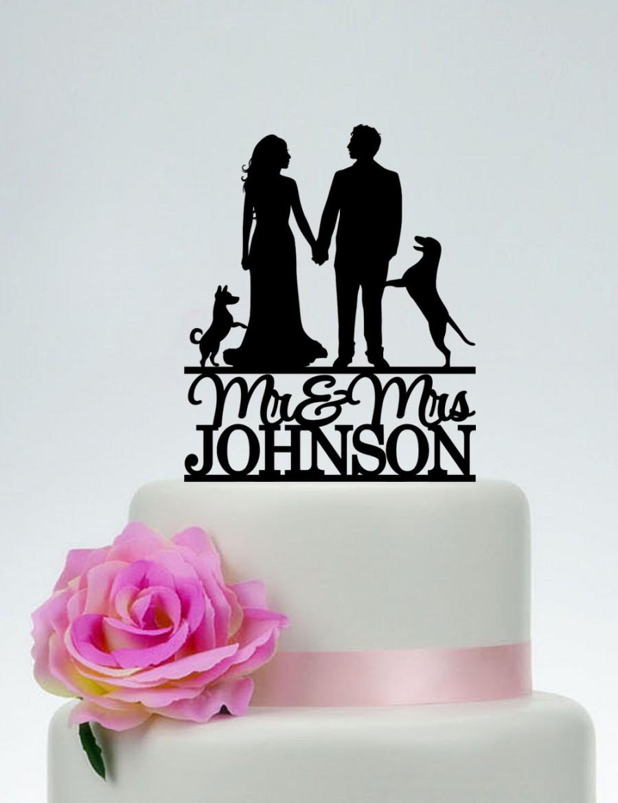 Hochzeit - Mr And Mrs Cake Topper With Last Name And Pet,Wedding Cake Topper,Unique Cake Topper,Bride And Groom Topper,Custom Cake Topper C095