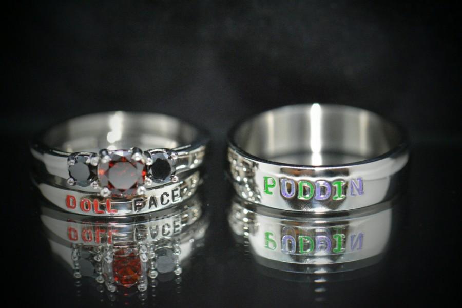Wedding - Doll face and Puddin,Harley and Joker Rings comic inspired Black Diamond CZ and Garnet CZ,3 Piece Stainless Steel Wedding set Comic Villians