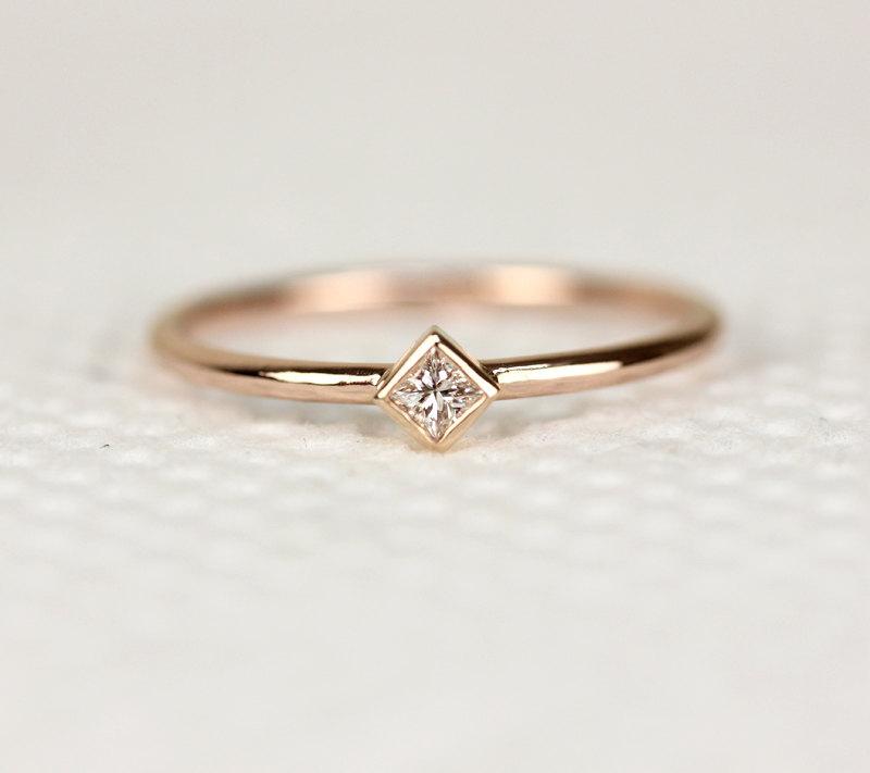 Wedding - Princess Cut Diamond Engagement Ring In 14k Solid Rose Gold,Thin Dainty Diamond Ring,Simple Engagement Ring,Stacking Gold Ring