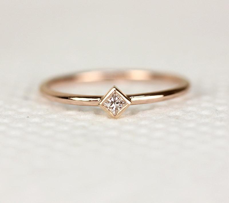 Princess Cut Diamond Engagement Ring In 14k Solid Rose Gold,Thin Dainty