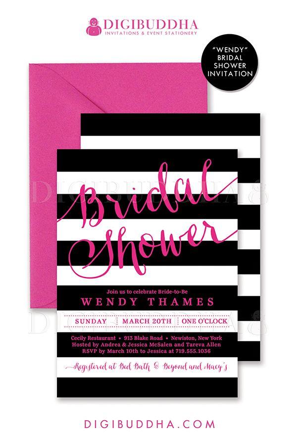 Hochzeit - BLACK & PINK BRIDAL Shower Invitation Black And White Stripes Printable Hot Pink Invite Modern Wedding Free Priority Shipping Or DiY- Wendy