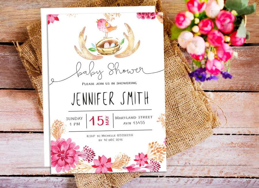 Wedding - Woodland Bird Baby Shower Invitation, Floral Baby Shower Invitation, Baby Girl Baby Shower, Printable Baby Shower Template, Printable Invite