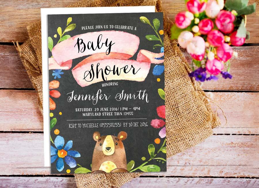 Свадьба - Woodland Bear Baby Shower Invitation, Woodland kids birthday party invitation, Chalkboard party invitation, printable invitations