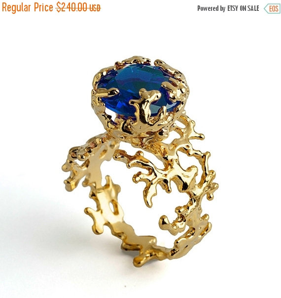 Wedding - SALE 20% OFF - CORAL Blue Sapphire Engagement Ring, Statement Ring, Gold Blue Sapphire Ring, Large Sapphire Ring, Gold Engagement Ring