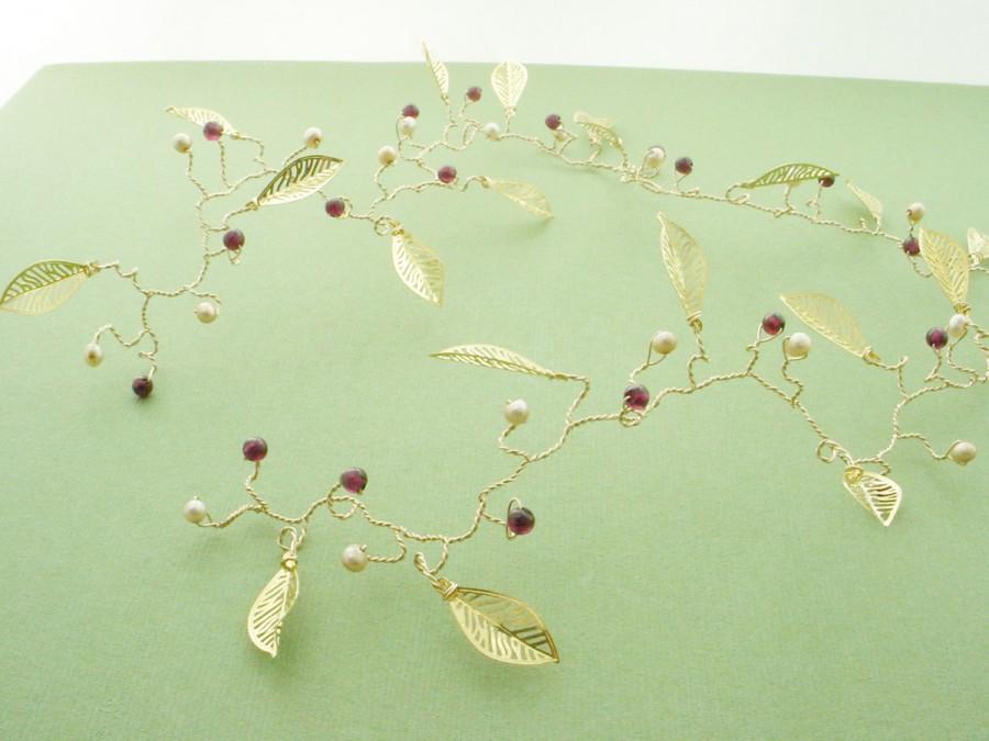 Hochzeit - Bridal Hair Vine - Customizable Gemstone Choice, Pearls, Leaves, 14 Karat Gold-fill, Wedding Hair Accessory, Free Shipping