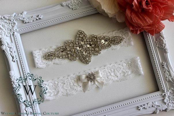 Hochzeit - KENNA - Luxury Wedding Garter - Individual or Set - Ivory/White/Peach Lace Garter - Rhinestone Bridal Garter