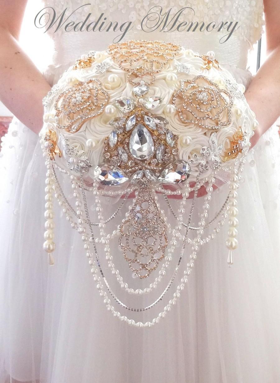 Wedding - Brooch bouquet gold jewled with ivory or white roses, cascading pearls and crystals for Gatsby wedding style