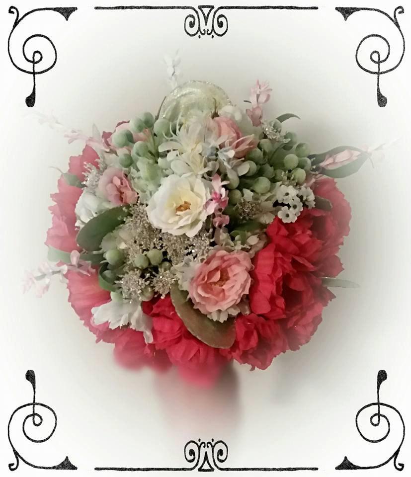 Hochzeit - Spring Red, Cream, Spring Green and Soft Pink Nosegay Silk Hand Bouquet with Capiz Shells and Silver Glitter Accents You Pic Ribbon