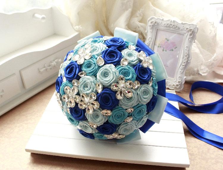 Wedding - DIY Wedding Brooch Bouquet Kit (Satin Flowers, Rhinestone and etc) Blue