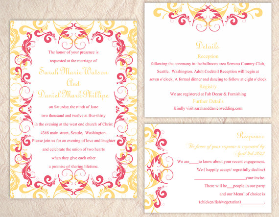 Wedding - DIY Wedding Invitation Template Set Editable Word File Instant Download Printable Invitation Pink Wedding Invitation Yellow Invitations