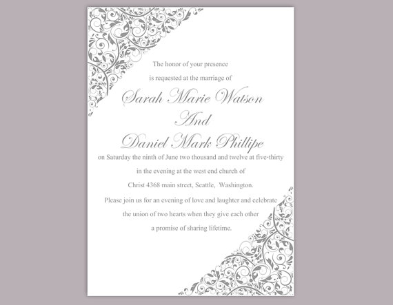 Hochzeit - DIY Wedding Invitation Template Editable Word File Instant Download Printable Gray Invitation Silver Invitation Elegant Invitation