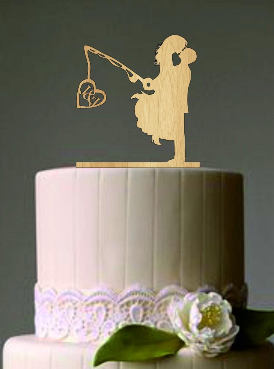 Mariage - Unique Wedding Cake Topper, Wedding Couple Fishing Pole Heart, Rustic Cake Topper, Custom Personalized Wedding Cake Topper,Funny Cake Topper