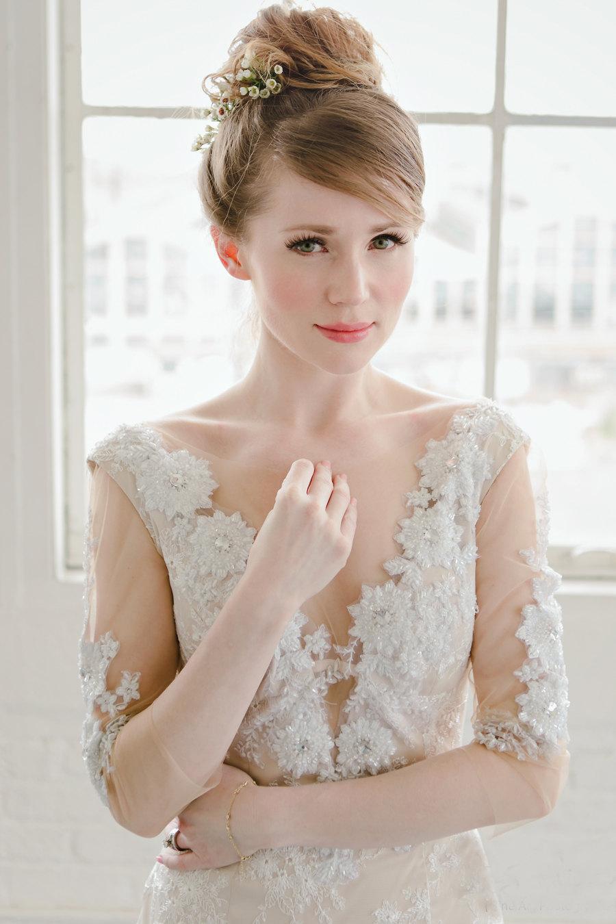 Свадьба - Low back wedding dress, illusion neckline & sleeves, glamorous, sexy, embellished, open back, low back lace wedding dress gown