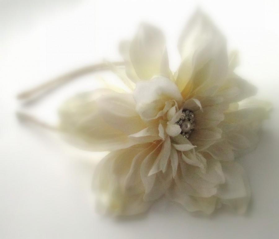 Свадьба - Ivory Flower Headband, Flower Bridal Head Piece, Ivory Flower Girl Hair Clip, Wedding Headband, Rhinestone center Champagne Flower - custom