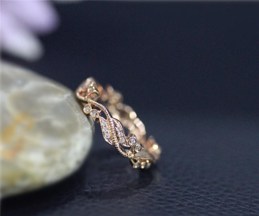 زفاف - Vintage Genuine Diamonds Wedding Ring Full Eternity Solid 14K Rose Gold Ring Anniversary Ring Stackable Ring Matching Band