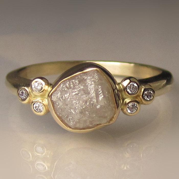 زفاف - Raw Diamond Engagement Ring, White Raw Diamond Ring,  Recycled 14k Yellow Gold Rough Diamond Ring, 2.35 Carats