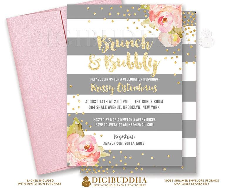 Wedding - BRUNCH & BUBBLY INVITATION Bridal Shower Invite Pink Peonies Gray Stripes Gold Glitter Confetti Printable Rose Free Shipping or DiY- Krissy