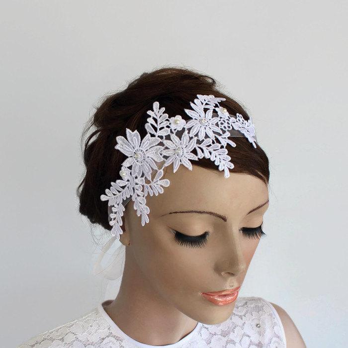 Свадьба - Venetian Lace Applique Bridal Headband, Organza Ribbon Fascinator, White Floral  Weddings Head Piece, Handmade. OOAK