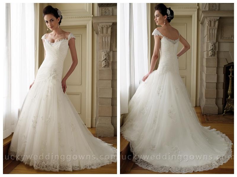 Hochzeit - Cap Sleeves Lace Tulle A-line Wedding Dress with Asymmetrical Drop Waist