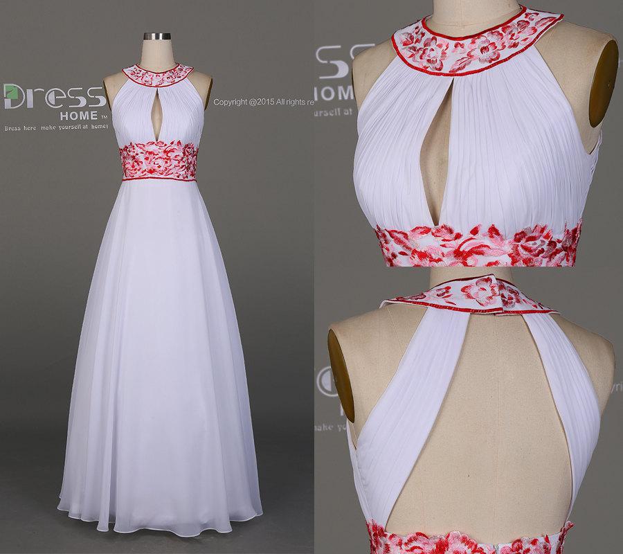 زفاف - Unique 2016 White Halter Red Flowers Embroidery A Line Prom Dress/Embroidery Long Prom Dress/Vintage Party Dress/Prom Dresses Long DH283