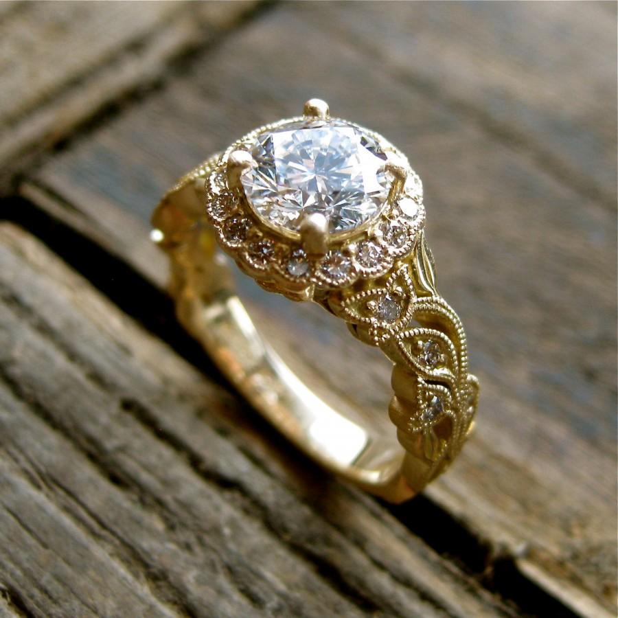 زفاف - Round Brilliant Cut Diamond Engagement Ring in 18K Yellow Gold with Vintage Inspired Flower Buds on Vine Motif and Satin Finish Size 5
