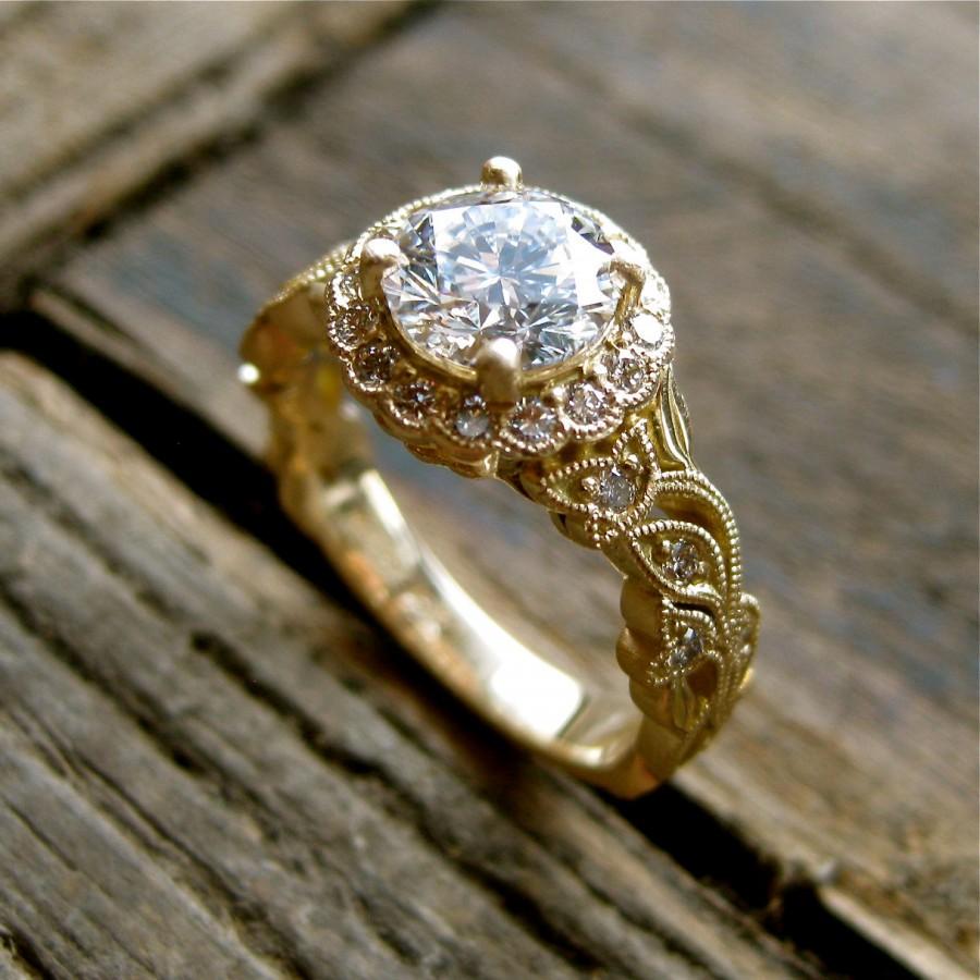 Hochzeit - Round Brilliant Cut Diamond Engagement Ring in 18K Yellow Gold with Vintage Inspired Flower Buds on Vine Motif and Satin Finish Size 5