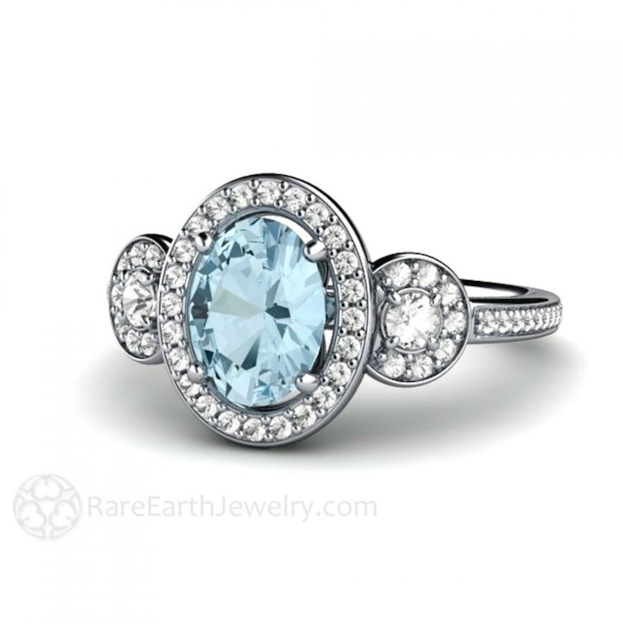 زفاف - Aquamarine Engagement Ring 3 Stone Oval Aqua Diamond Halo Aquamarine Ring March Birthstone
