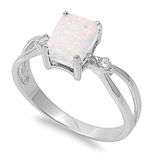 Свадьба - 1.24 Carat Emerald Cut Lab White Opal Round Clear Topaz CZ Split Shank Solid 925 Sterling silver Wedding Engagement ring