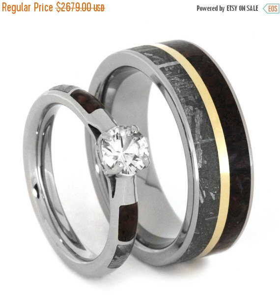 زفاف - Wedding Sale Unique Wedding Ring Set, Sapphire Engagement Ring, White Gold Ring with a Titanium and Gold Wedding Band, Dinosaur Bone and Met