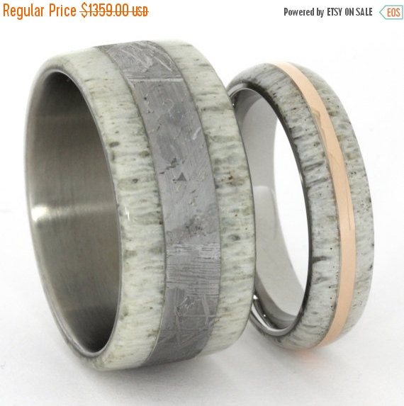 Mariage - Wedding Sale Men's and Women's Wedding Band, Titanium Rings with Antler, 14 k Rose Gold, and Gibeon Meteorite