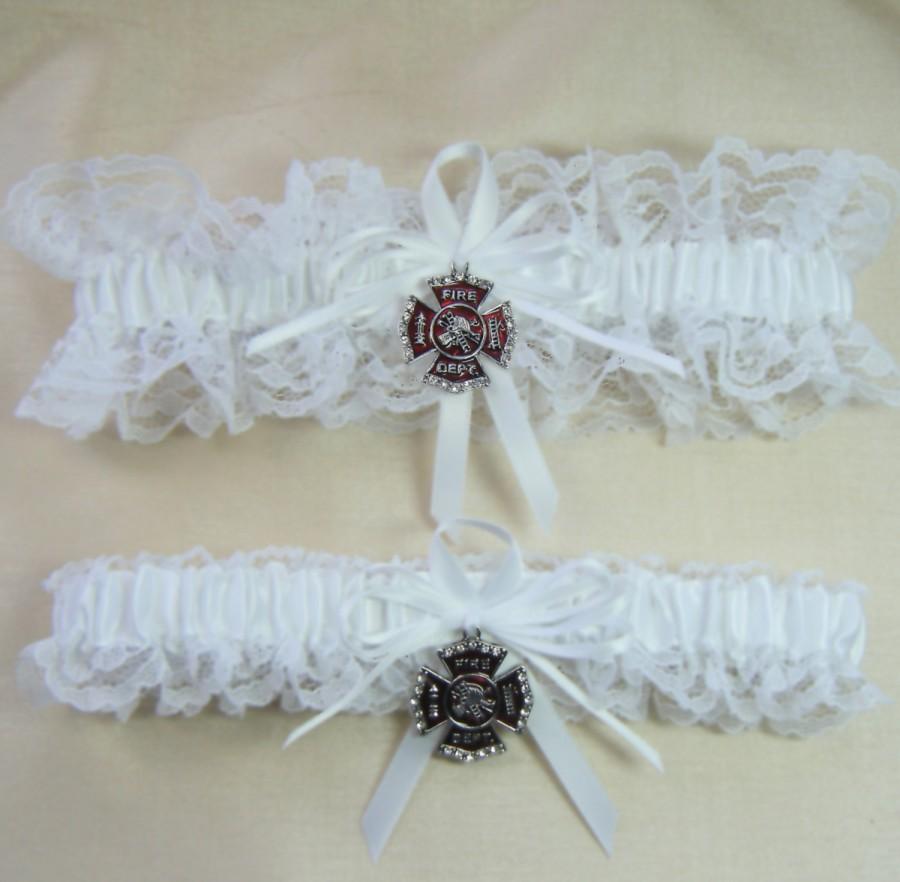 Mariage - FIREFIGHTER Fireman Wedding garters white lace Garter set