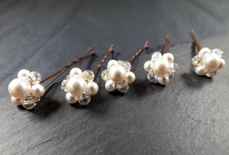Свадьба - crystal and pearl bridal hair grip,set of 5, floral wedding hair, flowers for hair, bridal hair accessories , bridesmaids hair