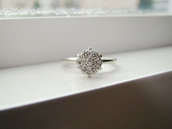 Hochzeit - Antique Diamond Engagement Ring Vintage Flower Wedding Ring Mid Century White 14K Gold Size 5.25