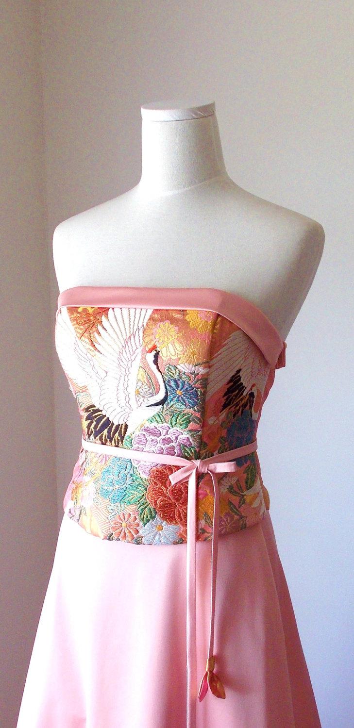 Свадьба - Wedding dress vintage KIMONO GEISHA pink gold brocade crane flower embroidery OBI bow string spring flower belt A line made to order