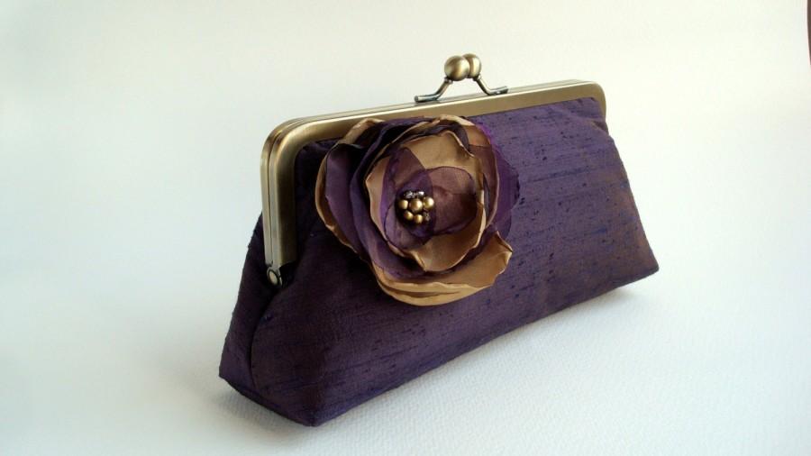 زفاف - Bridesmaid Wedding Clutch Purse Purple Violet Aubergine Plum Antique Gold Floral UK Seller Made in England