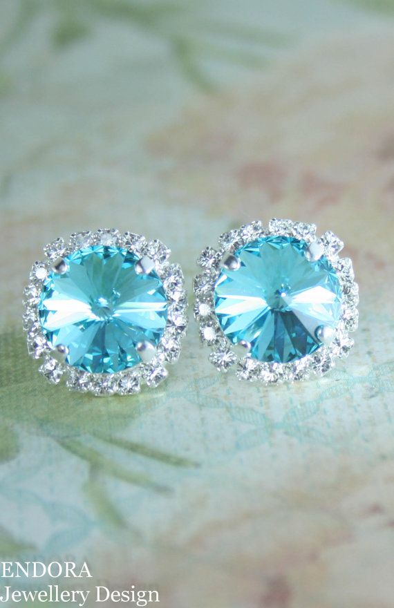 Mariage - Stud Earrings,crystal Stud Earrings,turquoise Earrings,swarovski Earrings,swarovski Turquoise Earrings,turquoise Wedding,crystal Earrings