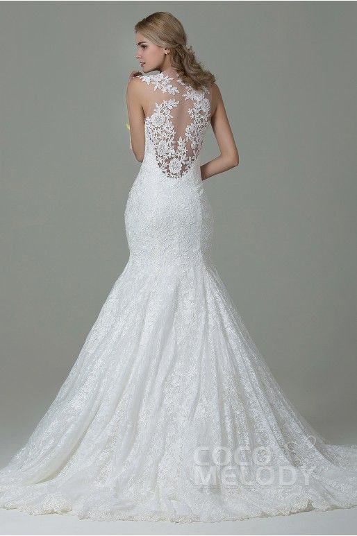 Wedding - Pretty Trumpet-Mermaid Illusion Dropped Court Train Lace Sleeveless Side Zipper Wedding Dress With Appliques LWST14009