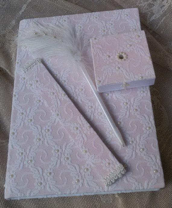 Hochzeit - Wedding, Paper Goods, Wedding Accessories,Off white lace guest book, Guest book and pen, Guest book and bookmarks, Pink end lace guest book