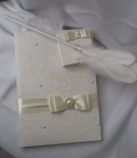 زفاف - Wedding, Paper Goods, Wedding Accessories, İvory lace guest book, Guest book and pen, Guest book and bookmarks
